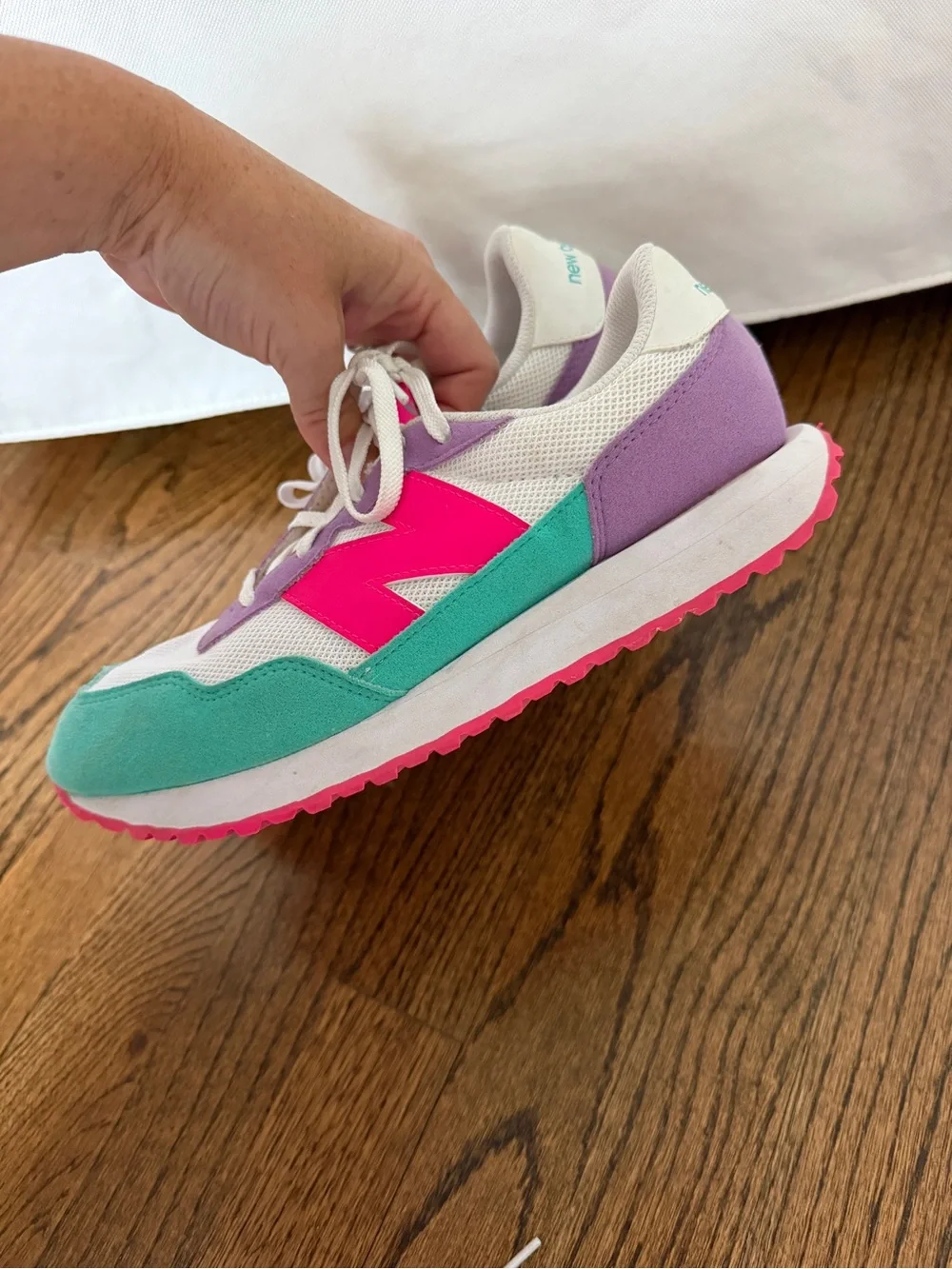 New Balance Kids Sneaker in White, Teal, Purple & Hot Pink